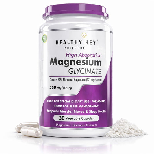 HealthyHey Nutrition Magnesium Glycinate Supplement, 121 mg Elemental Magnesium, Vegan Capsules, Multiple Sizes