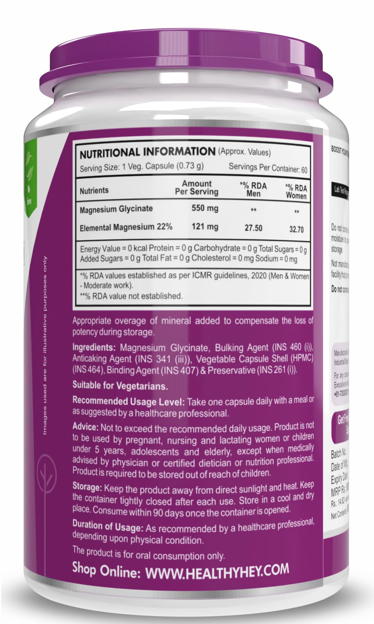 HealthyHey Nutrition Magnesium Glycinate Supplement, 121 mg Elemental Magnesium, Vegan Capsules, Multiple Sizes - front view 