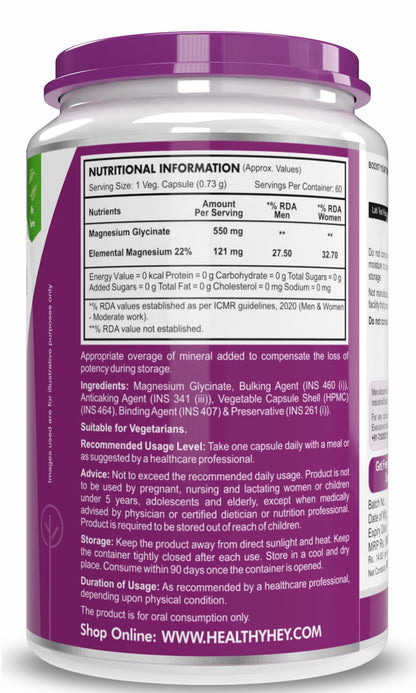 HealthyHey Nutrition Magnesium Glycinate Supplement, 121 mg Elemental Magnesium, Vegan Capsules, Multiple Sizes - front view 