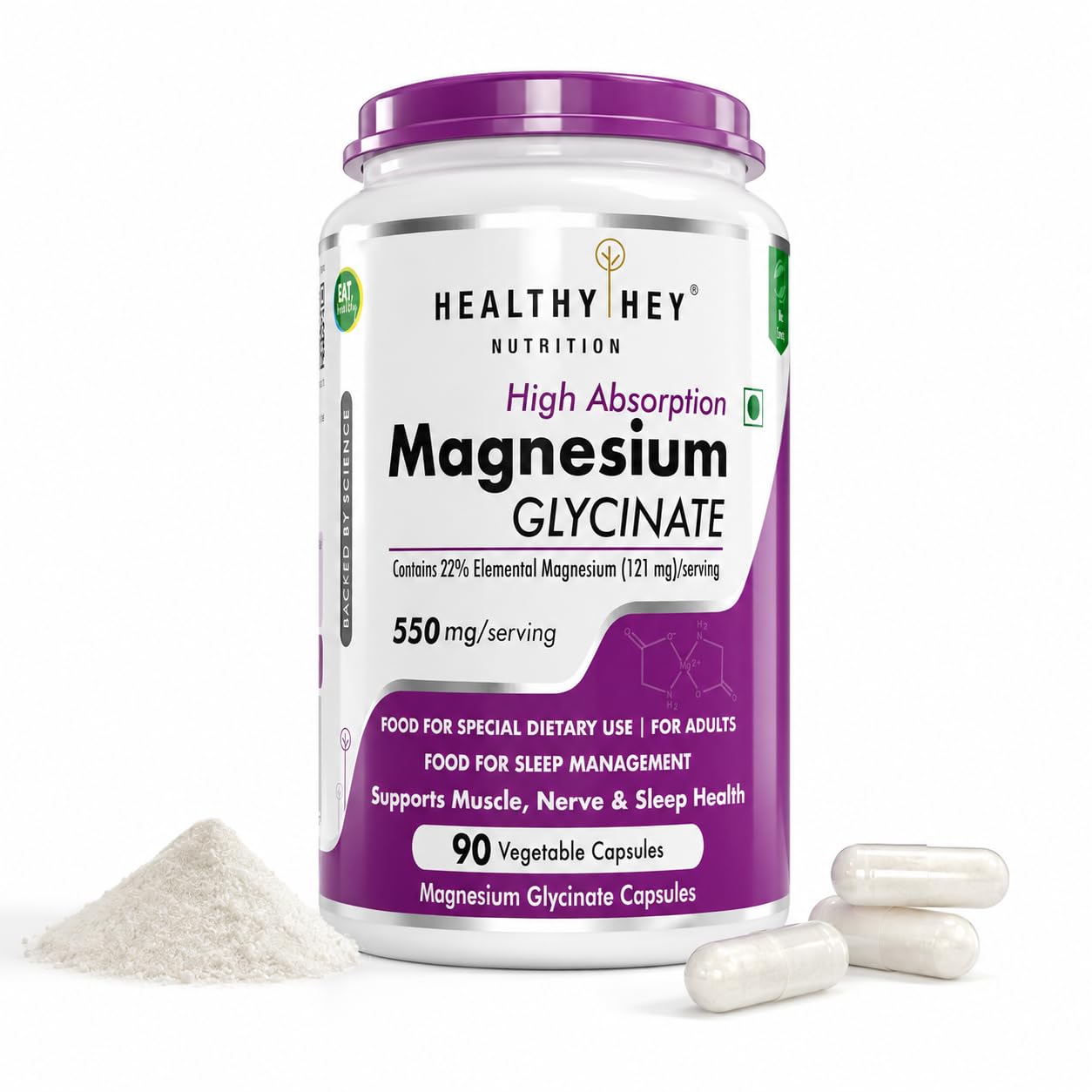 HealthyHey Nutrition Magnesium Glycinate Supplement, 121 mg Elemental Magnesium, Vegan Capsules, Multiple Sizes (15)