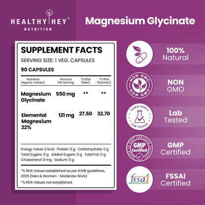 HealthyHey Nutrition Magnesium Glycinate Supplement, 121 mg Elemental Magnesium, Vegan Capsules, Multiple Sizes - front view 