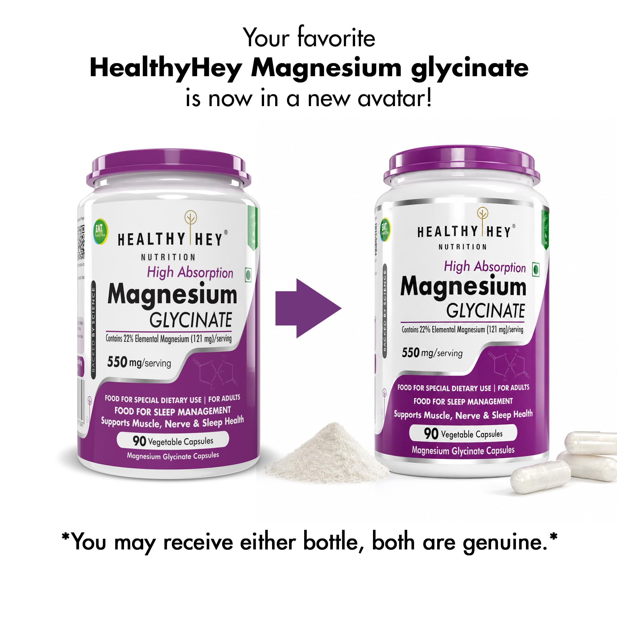 HealthyHey Nutrition Magnesium Glycinate Supplement, 121 mg Elemental Magnesium, Vegan Capsules, Multiple Sizes - back view (