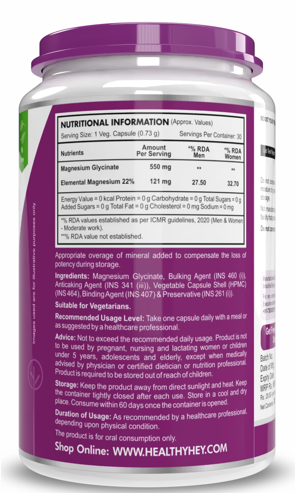 HealthyHey Nutrition Magnesium Glycinate Supplement, 121 mg Elemental Magnesium, Vegan Capsules, Multiple Sizes - front view