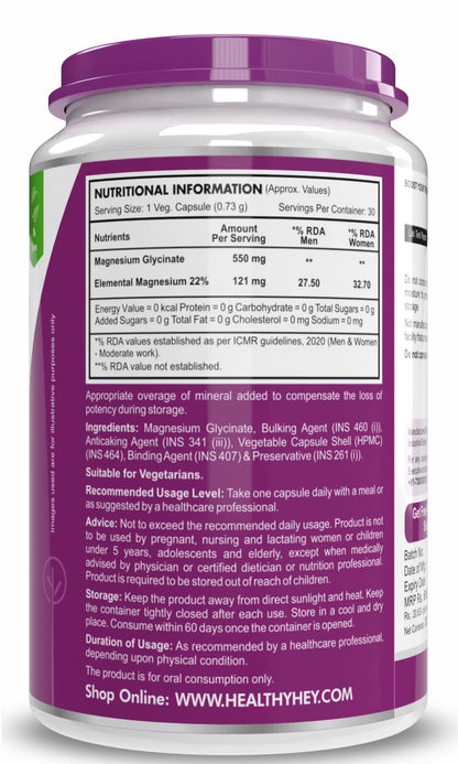 HealthyHey Nutrition Magnesium Glycinate Supplement, 121 mg Elemental Magnesium, Vegan Capsules, Multiple Sizes - front view