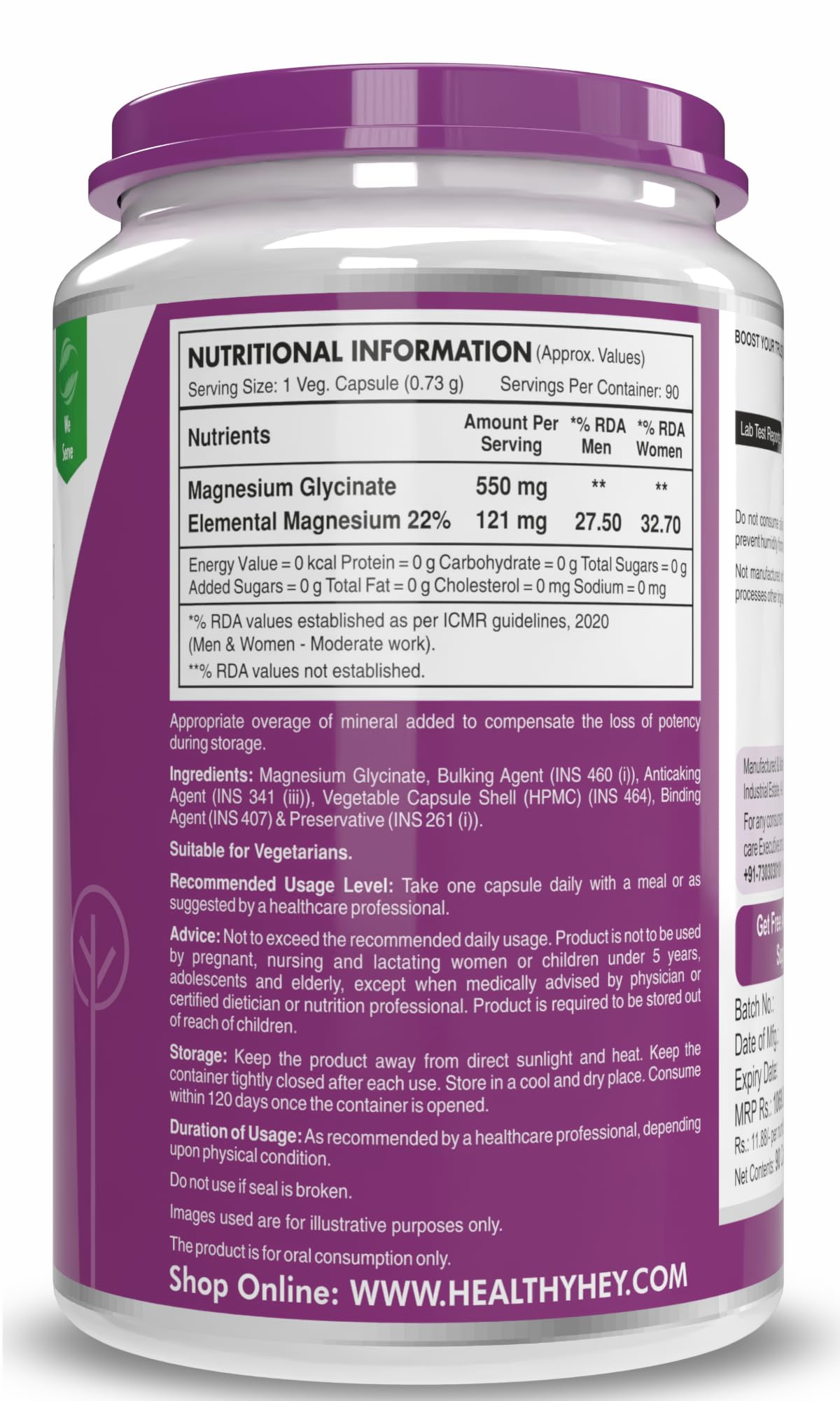 HealthyHey Nutrition Magnesium Glycinate Supplement, 121 mg Elemental Magnesium, Vegan Capsules, Multiple Sizes - in use