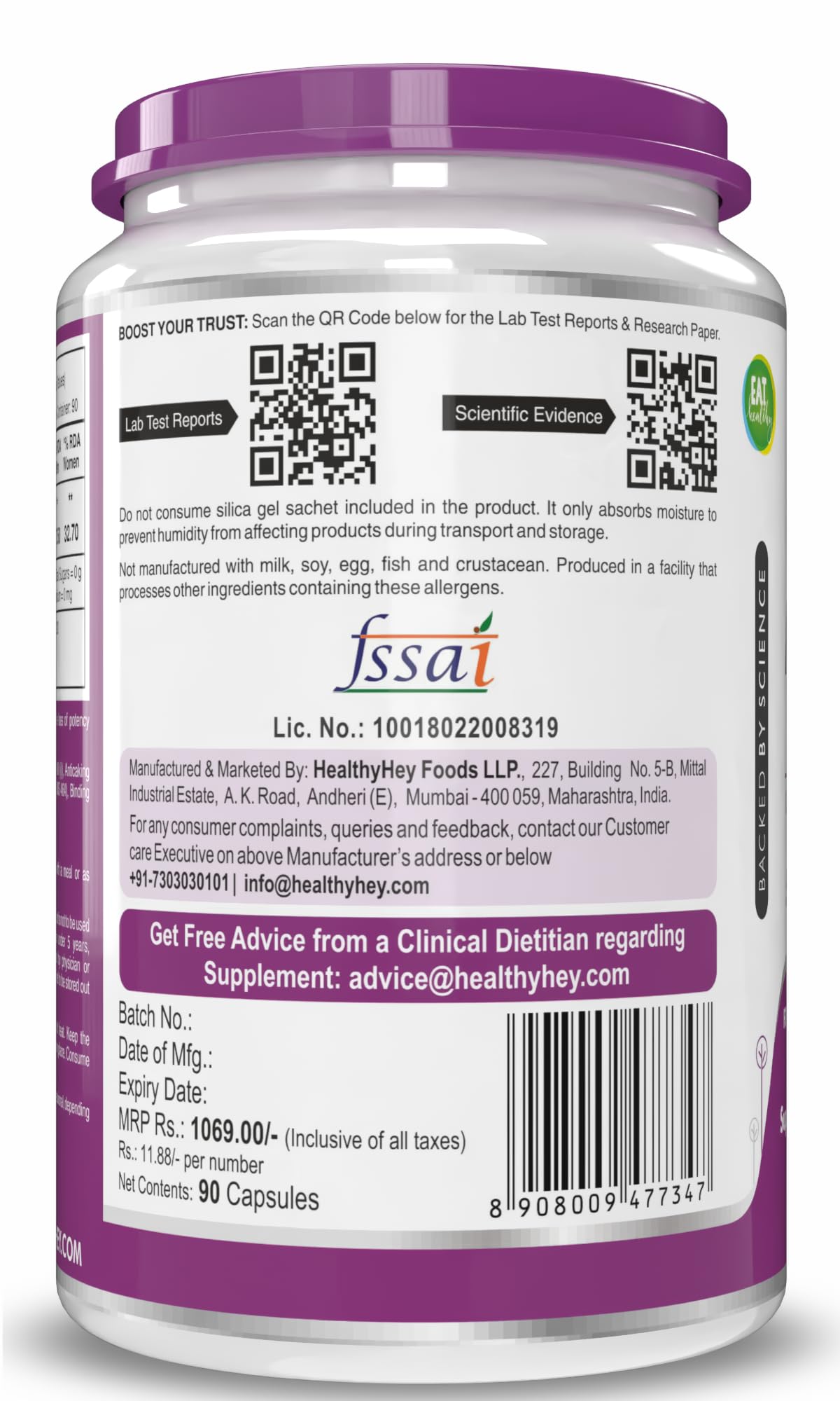 HealthyHey Nutrition Magnesium Glycinate Supplement, 121 mg Elemental Magnesium, Vegan Capsules, Multiple Sizes - size and sc