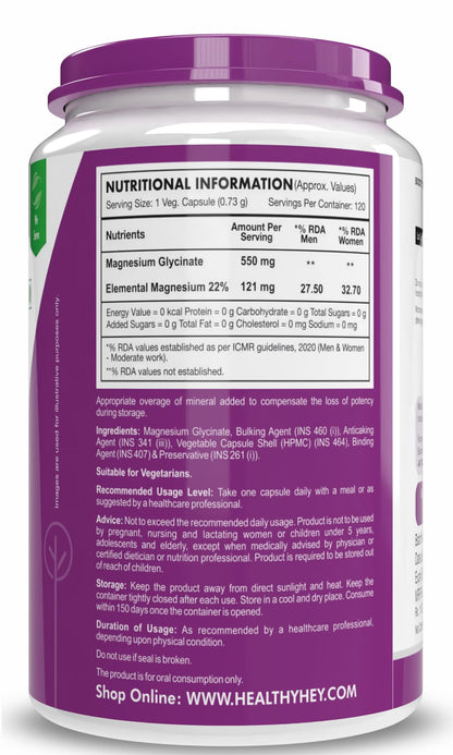 HealthyHey Nutrition Magnesium Glycinate Supplement, 121 mg Elemental Magnesium, Vegan Capsules, Multiple Sizes - in use (28)