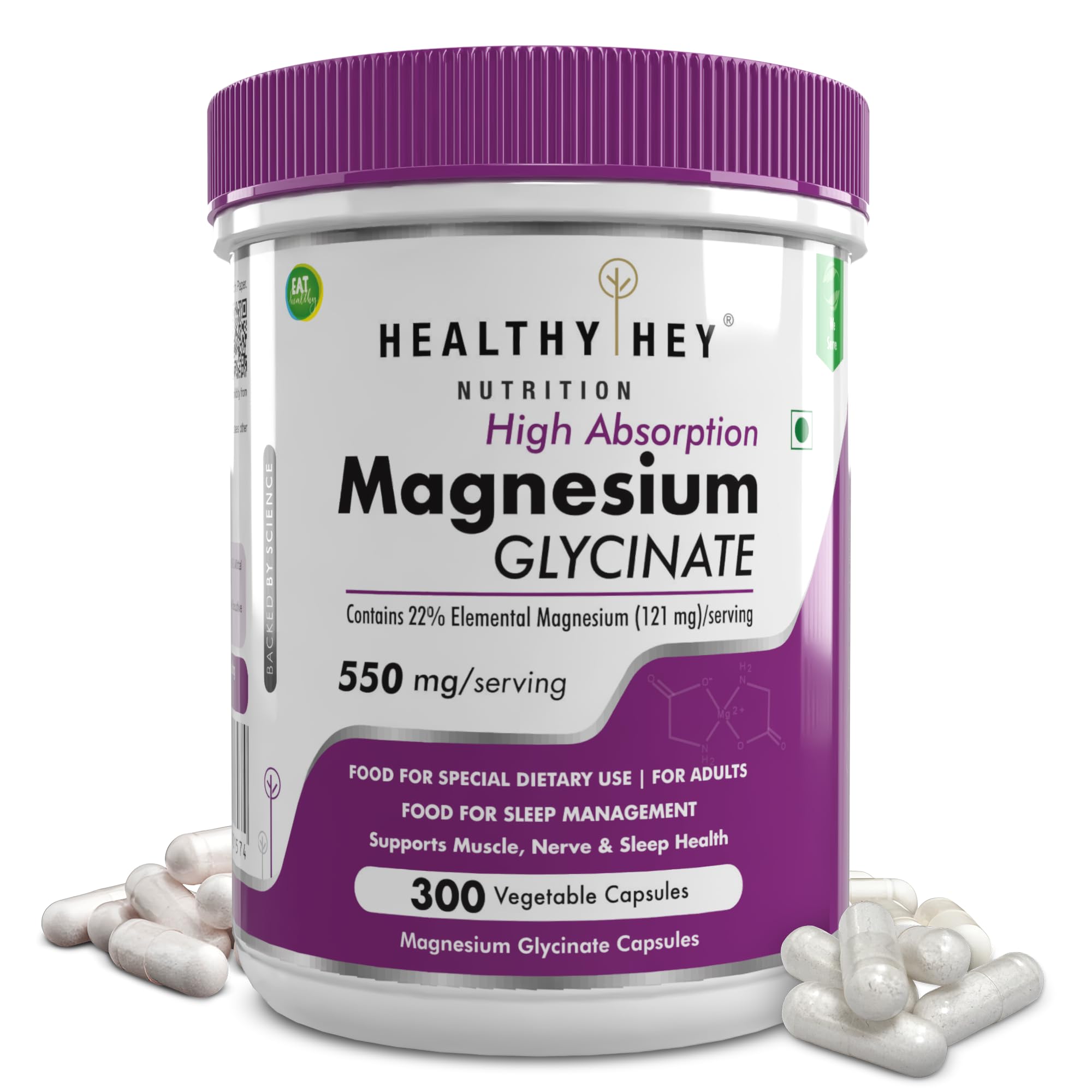 HealthyHey Nutrition Magnesium Glycinate Supplement, 121 mg Elemental Magnesium, Vegan Capsules, Multiple Sizes (30)