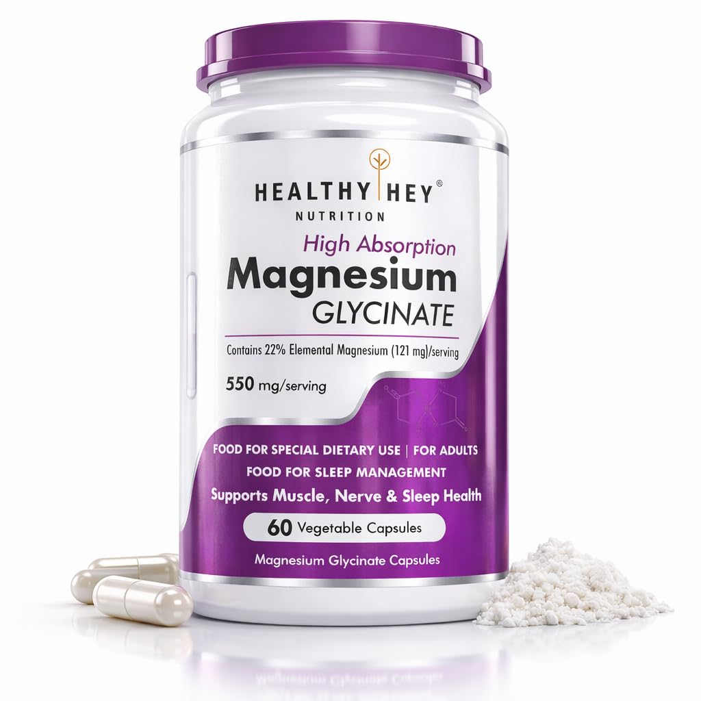 HealthyHey Nutrition Magnesium Glycinate Supplement, 121 mg Elemental Magnesium, Vegan Capsules, Multiple Sizes (9)
