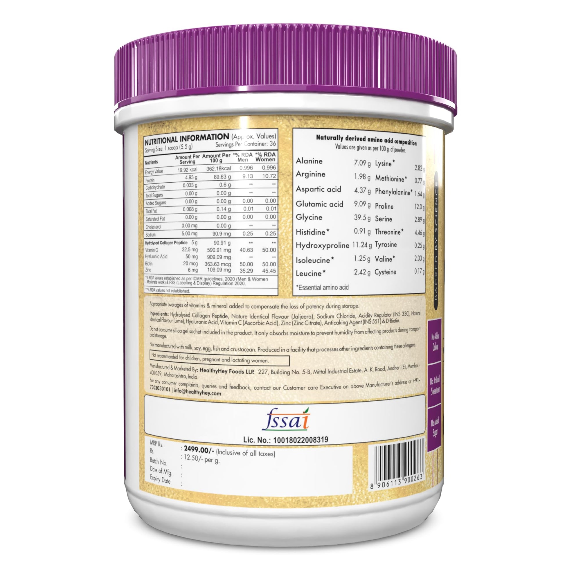 HealthyHey Nutrition Skin Glow-n-Shine Collagen Powder 200g Hydrolysed with Hyaluronic Acid Biotin Vitamin C Unisex - front v