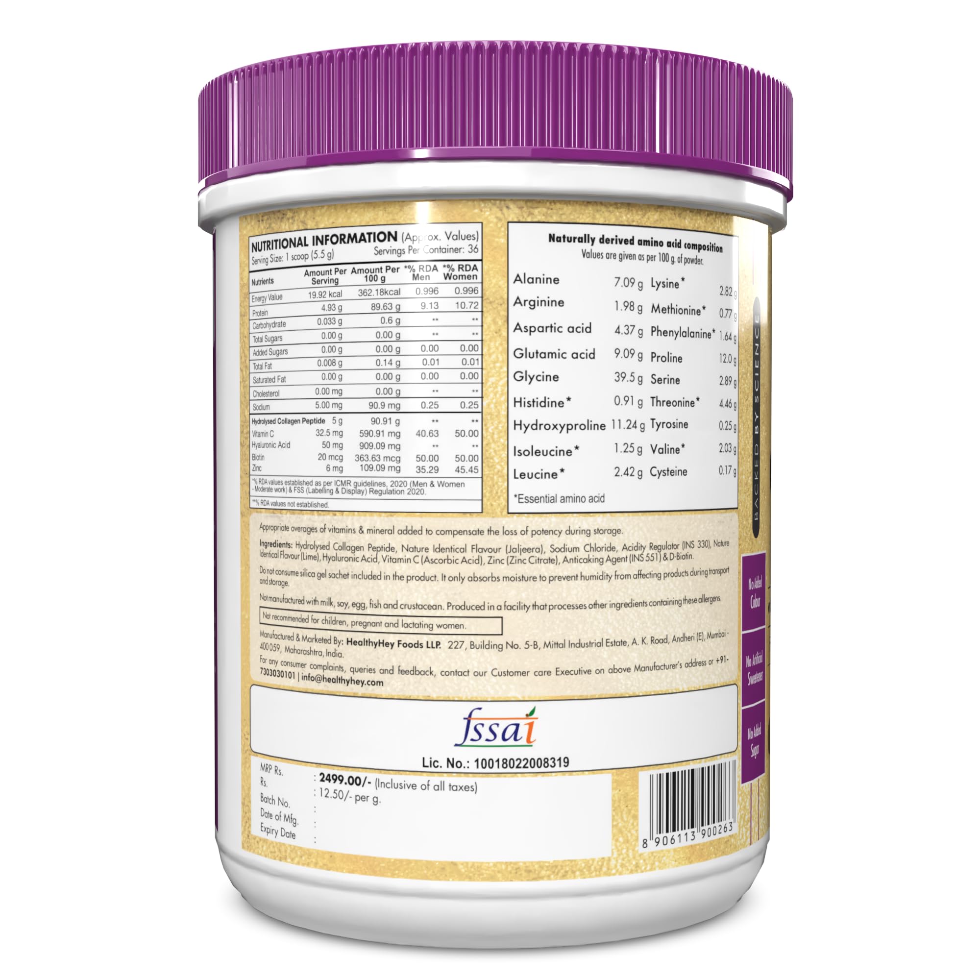 HealthyHey Nutrition Skin Glow-n-Shine Collagen Powder 200g Hydrolysed with Hyaluronic Acid Biotin Vitamin C Unisex - front v