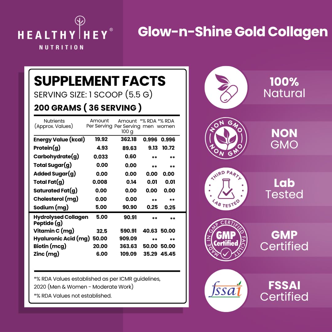 HealthyHey Nutrition Skin Glow-n-Shine Collagen Powder 200g Hydrolysed with Hyaluronic Acid Biotin Vitamin C Unisex - front v