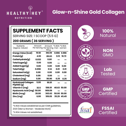 HealthyHey Nutrition Skin Glow-n-Shine Collagen Powder 200g Hydrolysed with Hyaluronic Acid Biotin Vitamin C Unisex - front v
