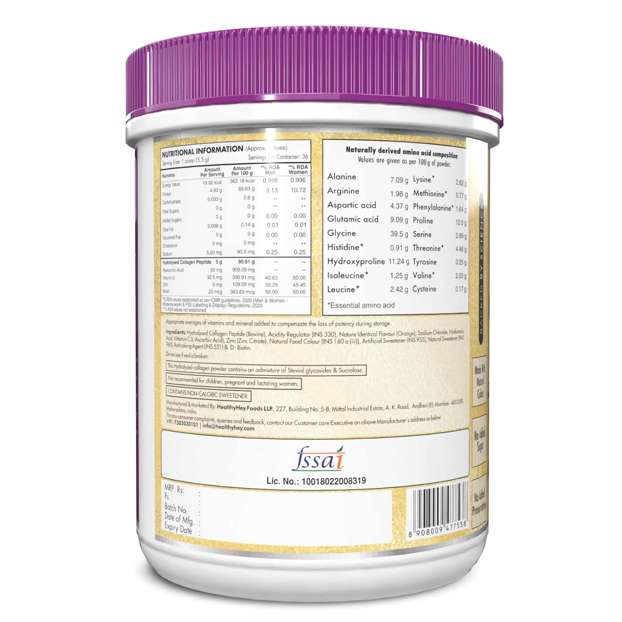 HealthyHey Nutrition Skin Glow-n-Shine Collagen Powder 200g Hydrolysed with Hyaluronic Acid Biotin Vitamin C Unisex - back vi