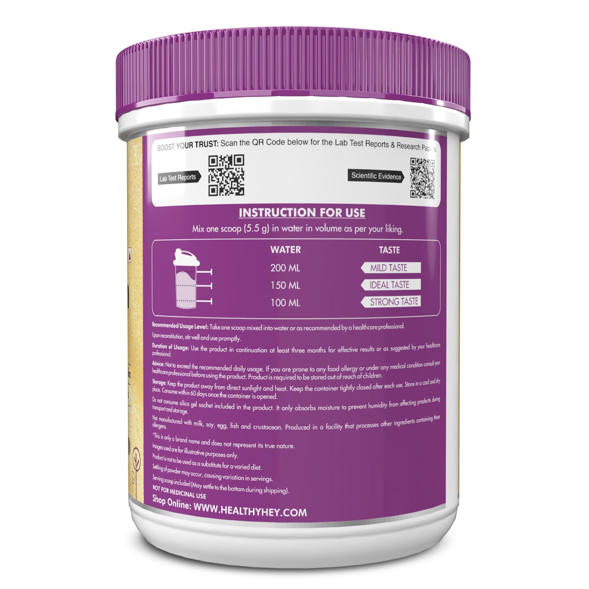 HealthyHey Nutrition Skin Glow-n-Shine Collagen Powder 200g Hydrolysed with Hyaluronic Acid Biotin Vitamin C Unisex - packagi