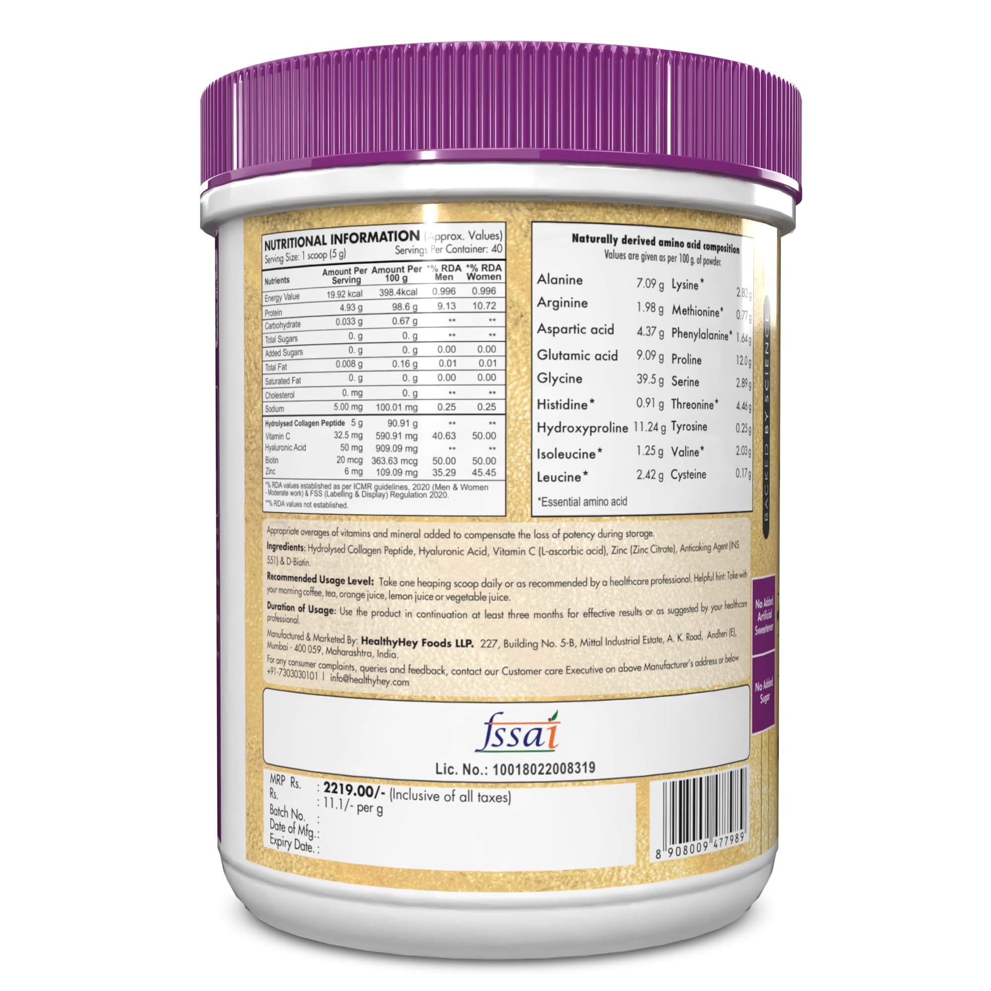 HealthyHey Nutrition Skin Glow-n-Shine Collagen Powder 200g Hydrolysed with Hyaluronic Acid Biotin Vitamin C Unisex - front v