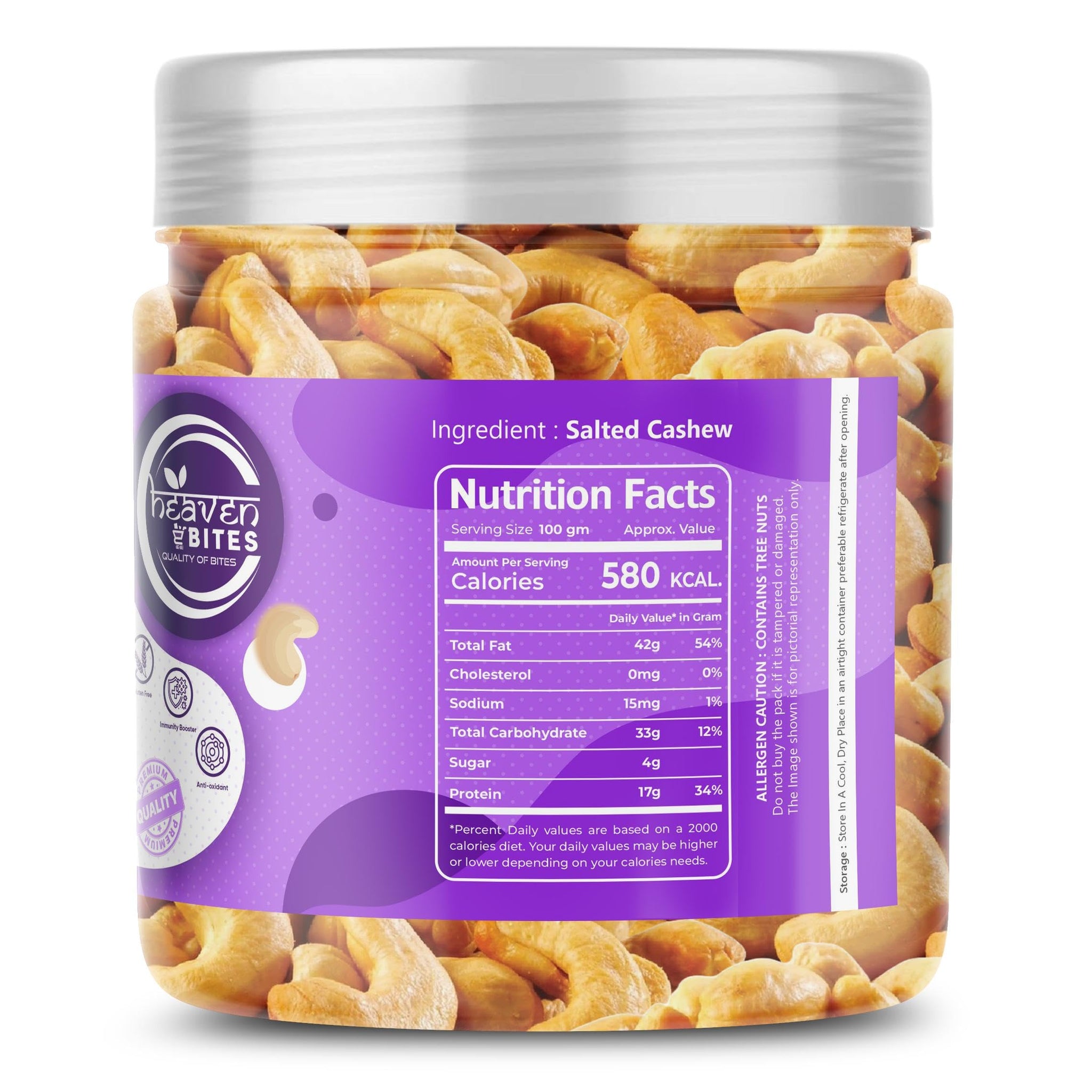 Heaven Bites Roasted and Salted Whole Cashews, Gluten-Free, Cashew Nuts - front view
