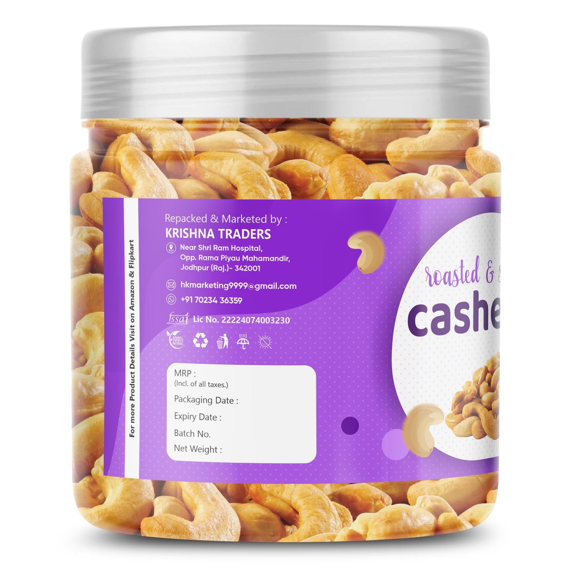 Heaven Bites Roasted and Salted Whole Cashews, Gluten-Free, Cashew Nuts - back view