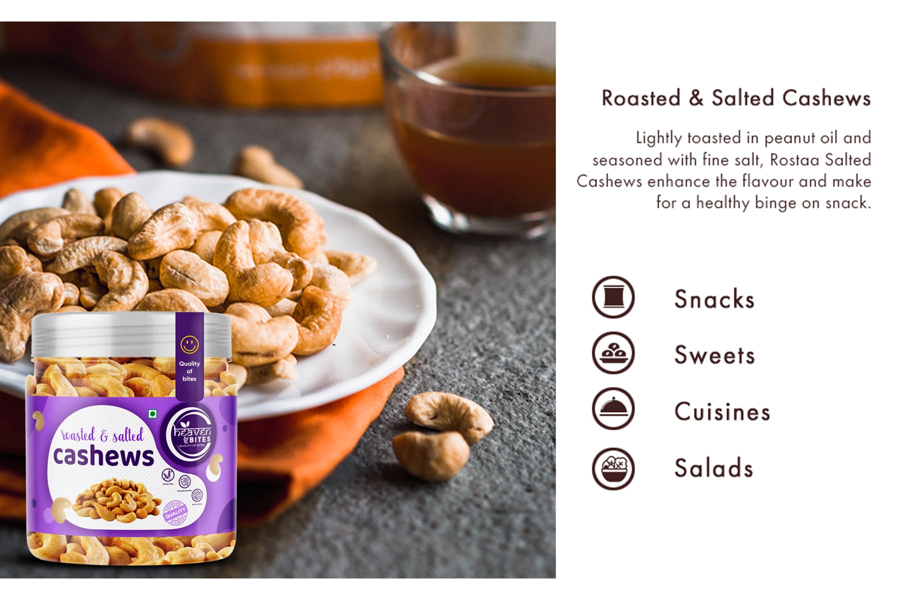 Heaven Bites Roasted and Salted Whole Cashews, Gluten-Free, Cashew Nuts - label detail