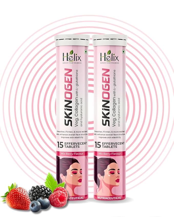 Helix-Elevate Your Wellbeing SKINOGEN Veg Collagen Effervescent Tablets, Mix Berry Flavor, 15 Count Pack of 2, 80g, Adult Uni