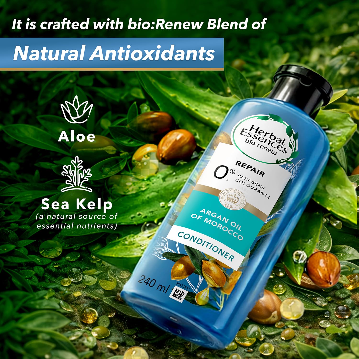 Herbal Essences Argan Oil of Morocco Conditioner, Unisex Adult, Color-Safe, pH-Balanced, Kew-Endorsed Botanicals - label deta