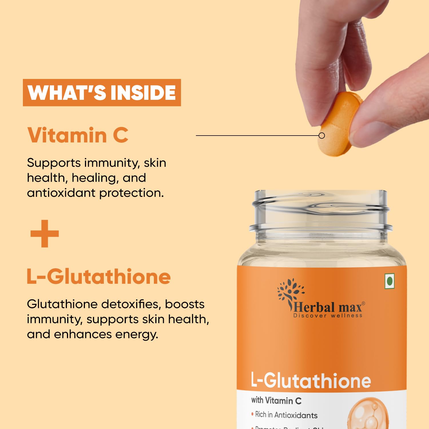 Herbal Max Collagen & L-Glutathione Supplement, 90 Tablets, Unisex Adult Formula - packaging