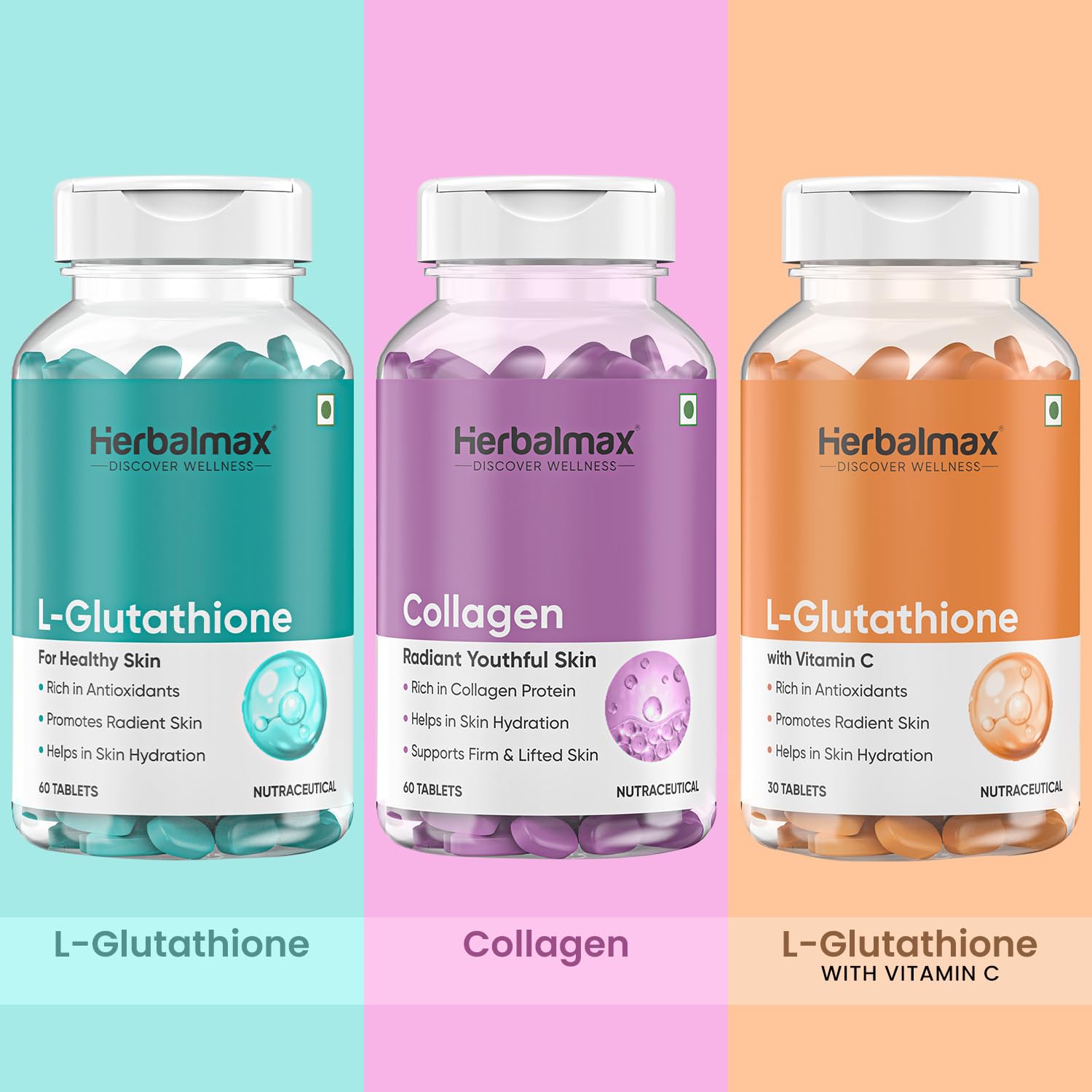 Herbal Max Collagen & L-Glutathione Supplement, 90 Tablets, Unisex Adult Formula - label detail