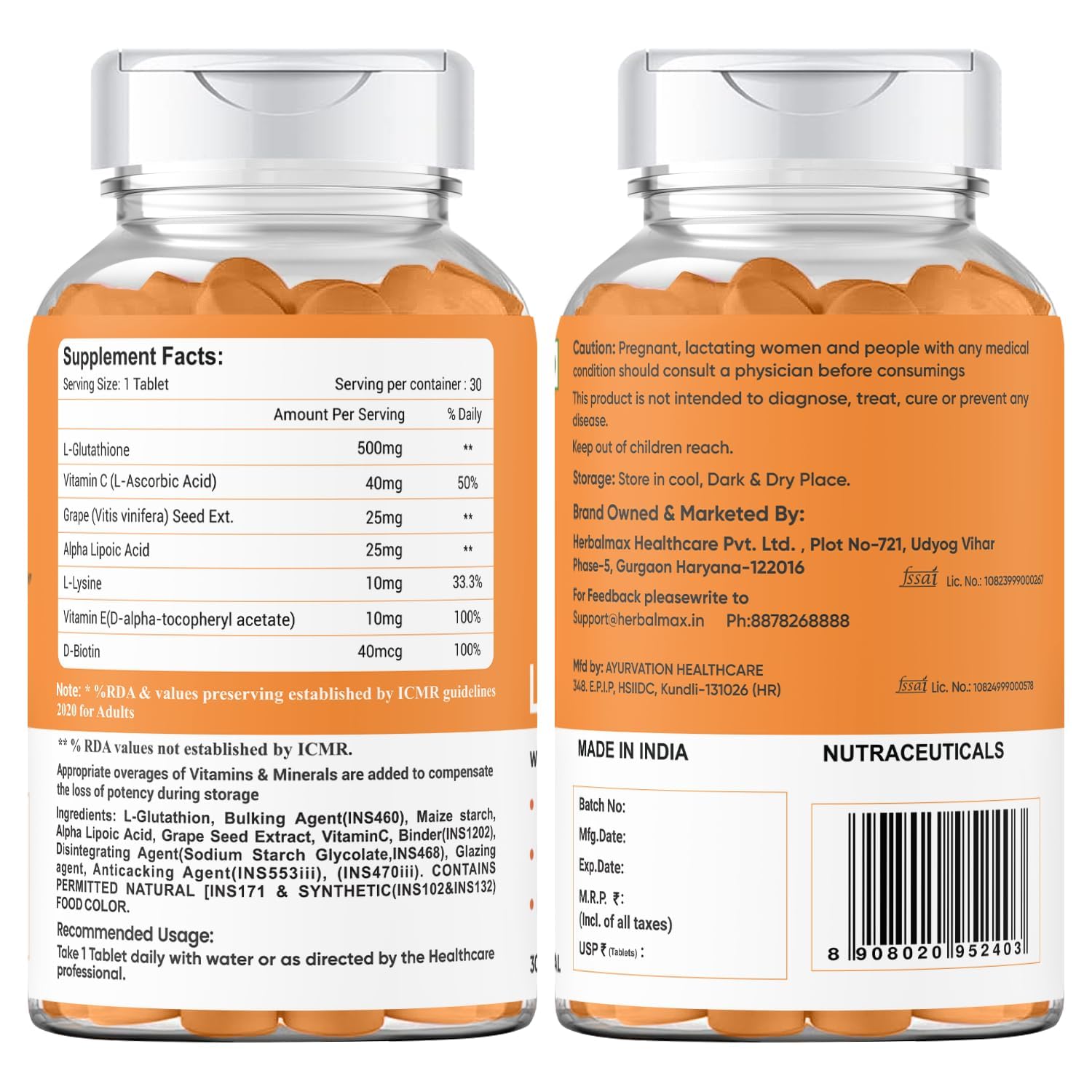 Herbal Max Collagen & L-Glutathione Supplement, 90 Tablets, Unisex Adult Formula - size and scale