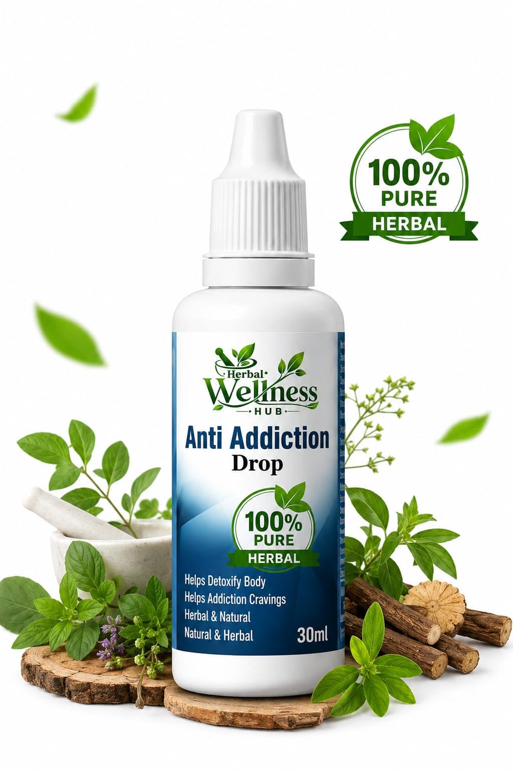 Herbal Wellness Hub Anti Addiction Drop, 30ml Liquid Herbal Supplement with Dropper Bottle - front view