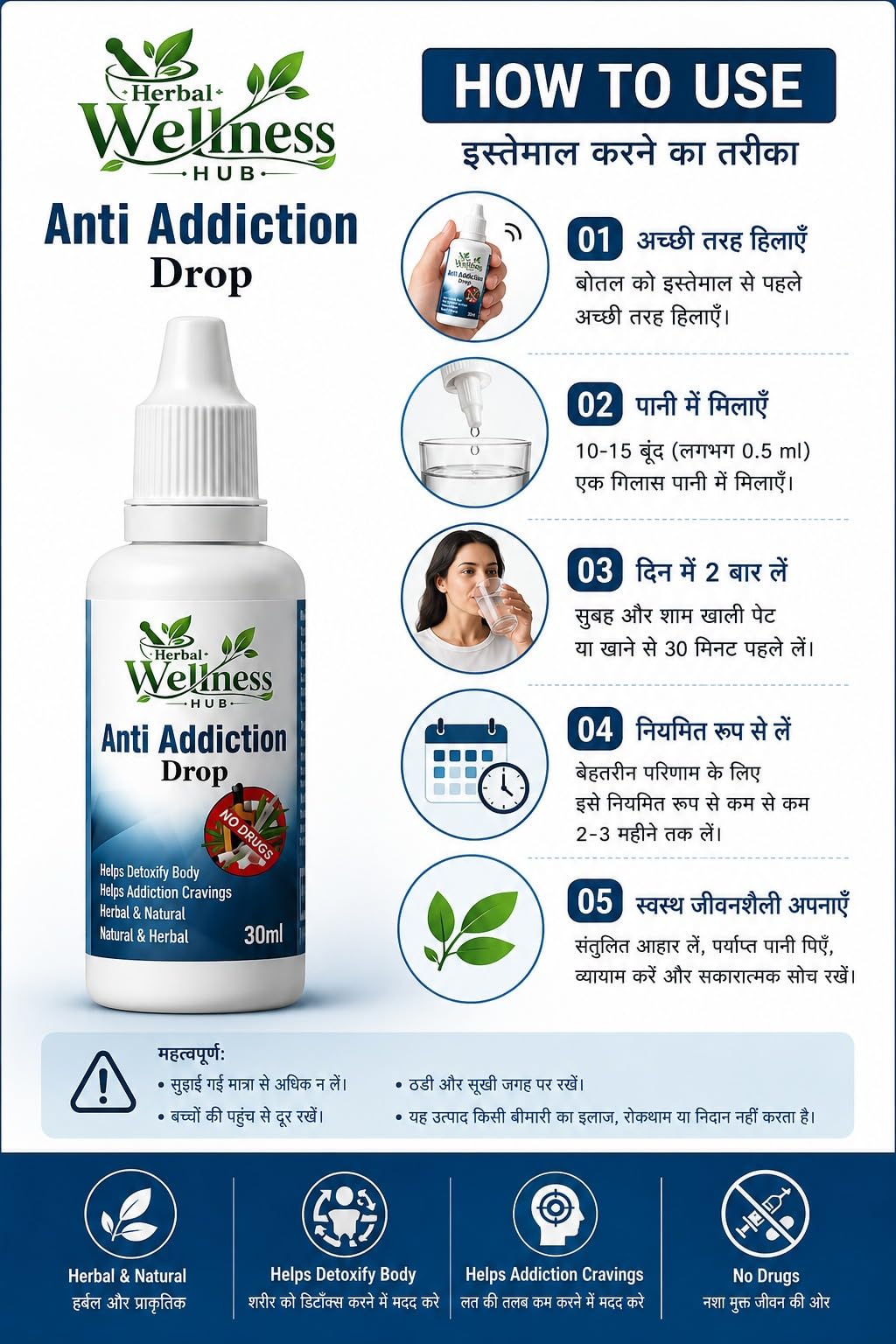 Herbal Wellness Hub Anti Addiction Drop, 30ml Liquid Herbal Supplement with Dropper Bottle - label detail