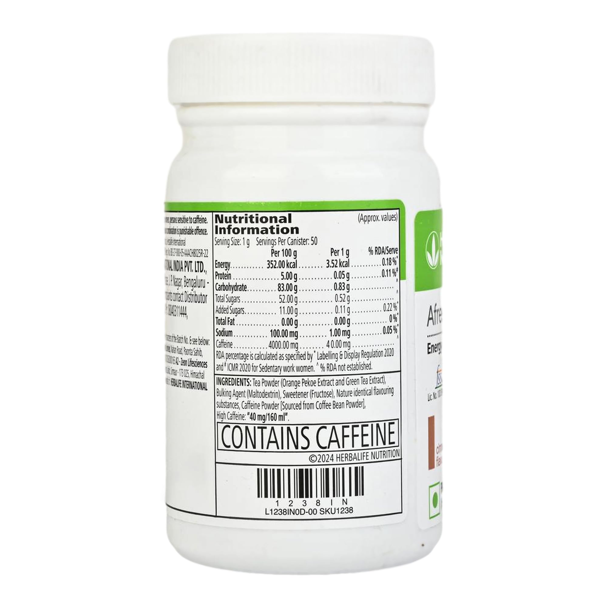 Herbalife Afresh Energy Drink Mix (Cinnamon) - 50g - back view