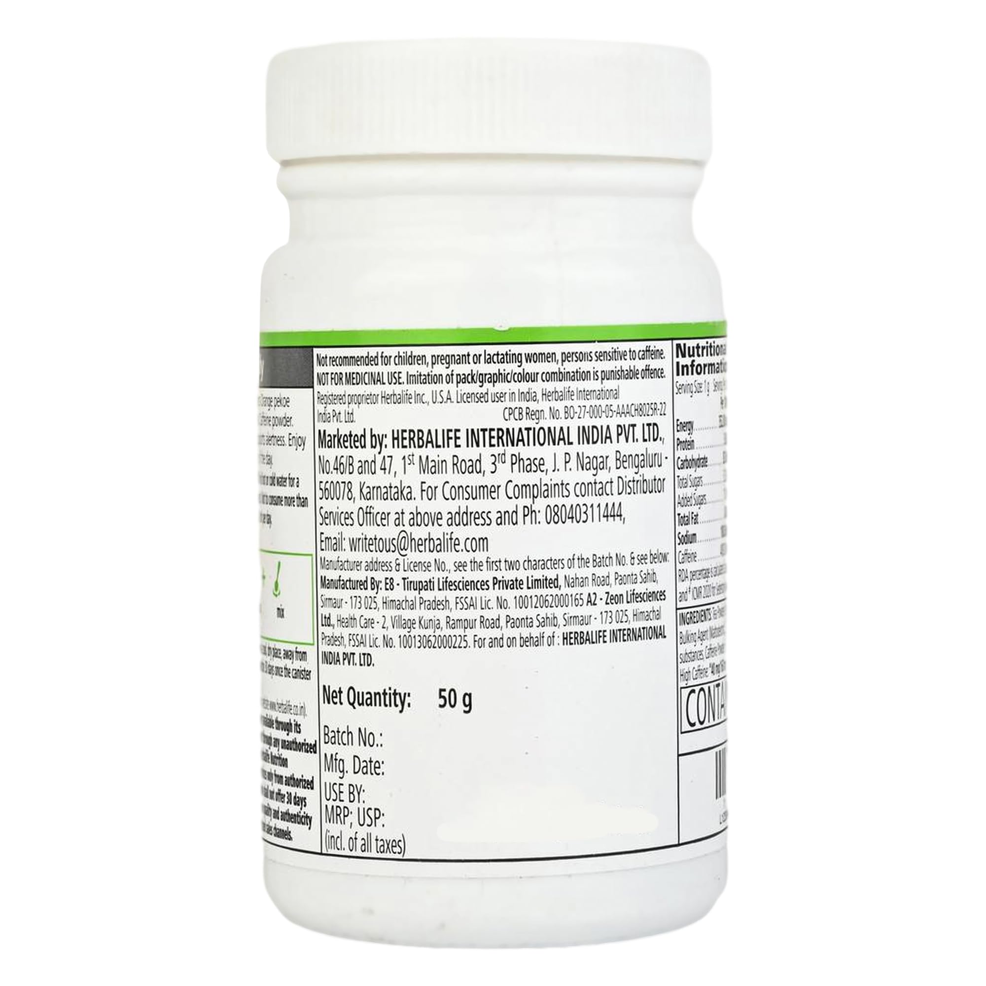 Herbalife Afresh Energy Drink Mix (Cinnamon) - 50g - label detail