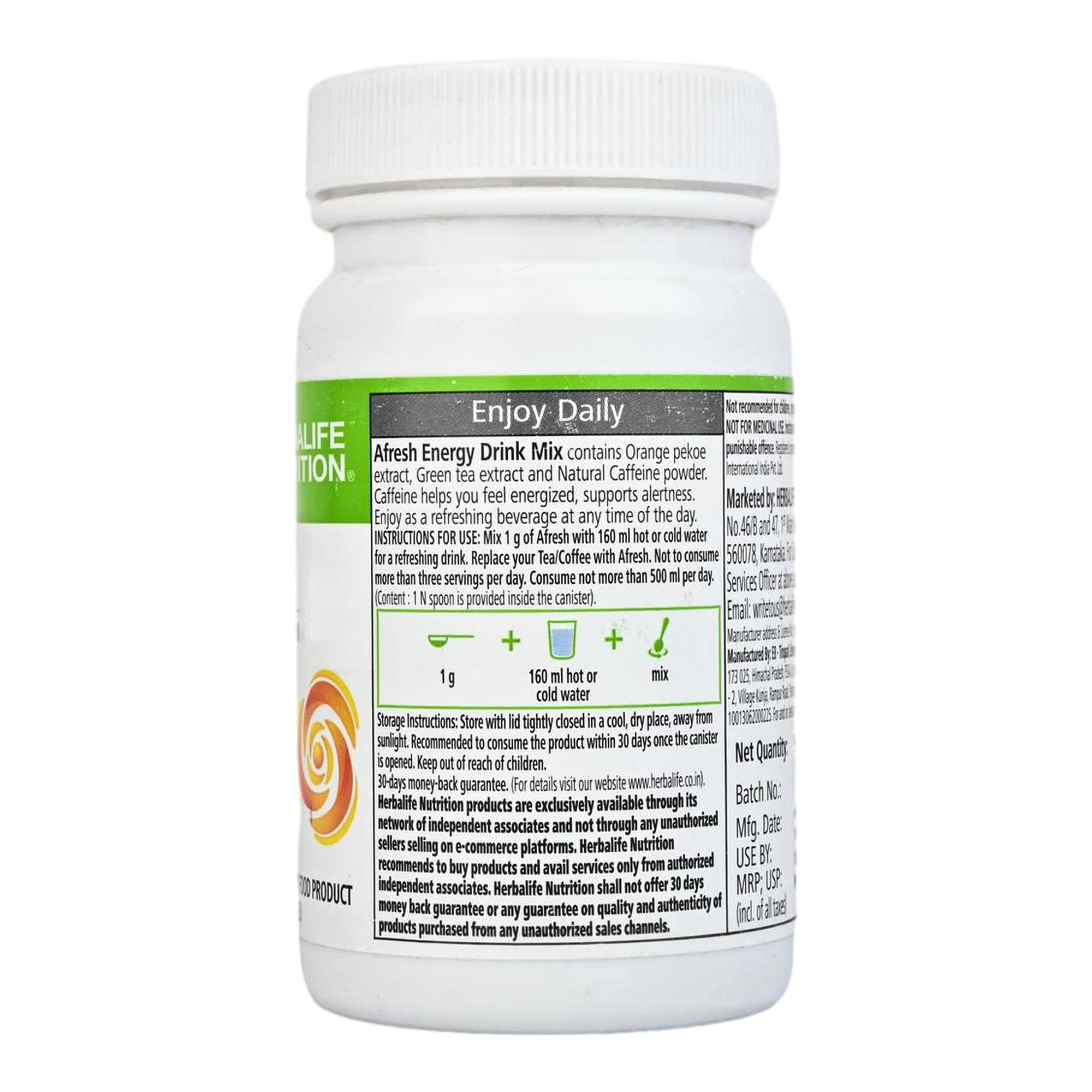 Herbalife Afresh Energy Drink Mix, Elaichi (Cardamom) Flavor, 50g, Powdered Concentrate - front view