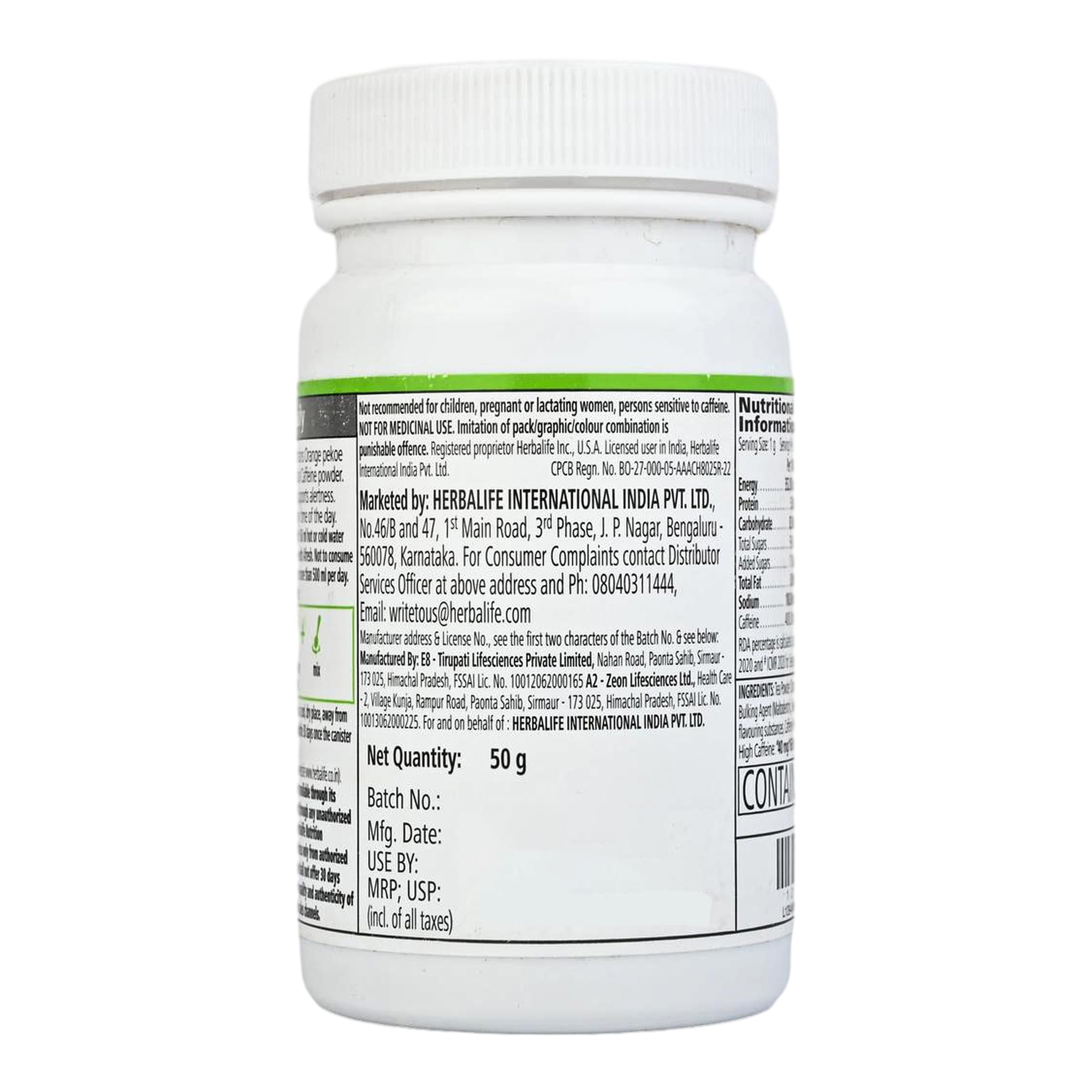 Herbalife Afresh Energy Drink Mix, Elaichi (Cardamom) Flavor, 50g, Powdered Concentrate - back view