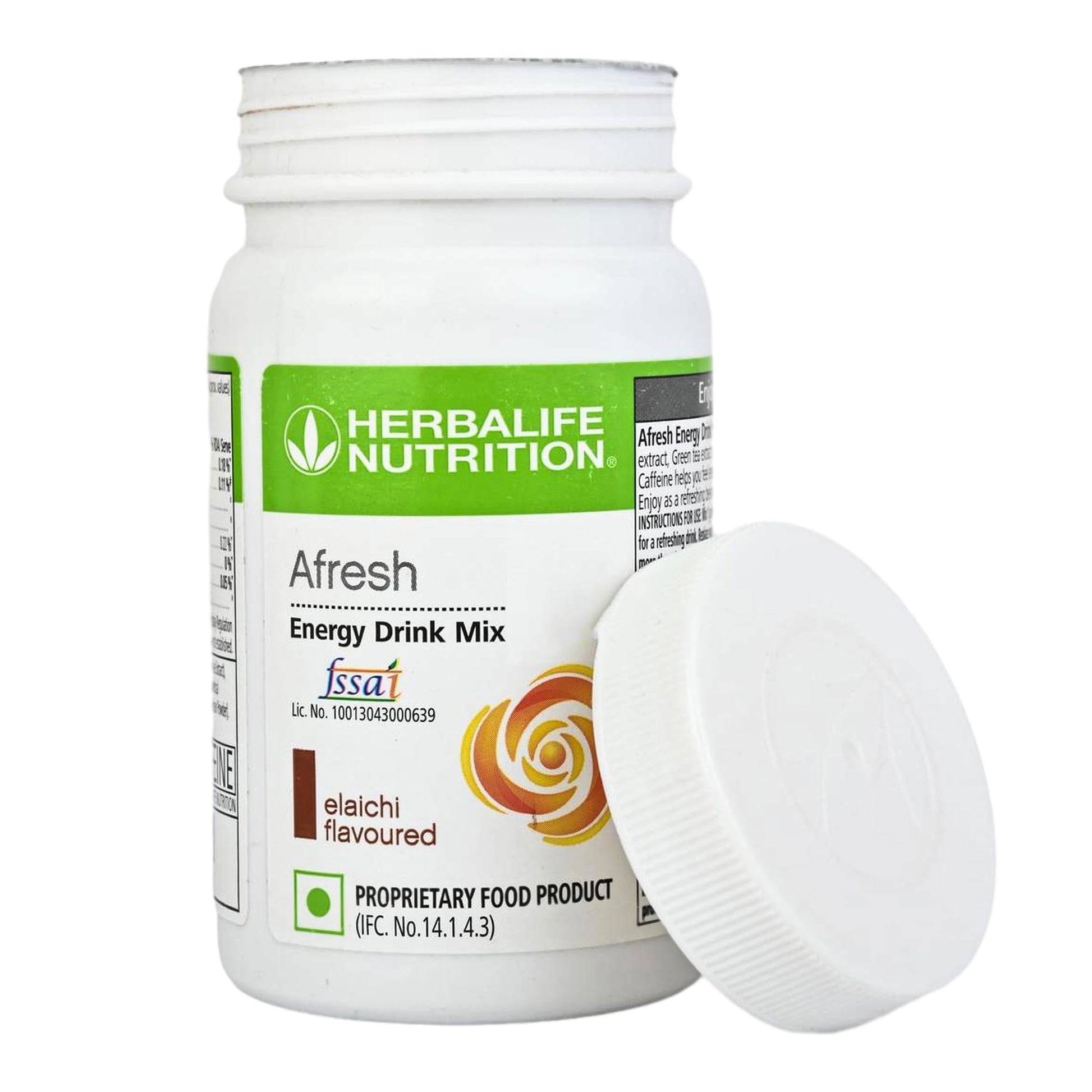 Herbalife Afresh Energy Drink Mix, Elaichi (Cardamom) Flavor, 50g, Powdered Concentrate - label detail