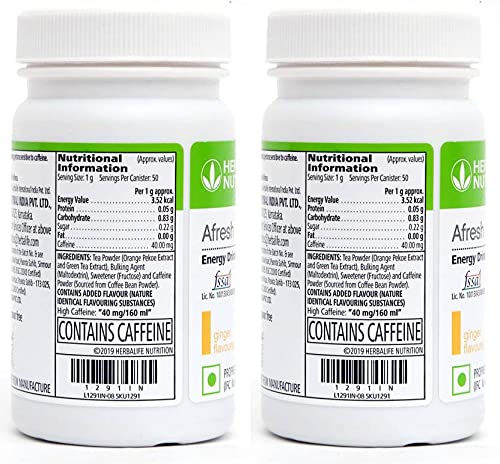 Herbalife Afresh Energy Drink Mix, Flavored Powdered Drink Concentrate with Guarana and Orange Pekoe Extracts - back view