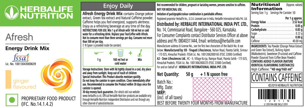 Herbalife Afresh Energy Drink Mix, Ginger Flavor, 50g, Pack of 2, Instant Soft Drink Concentrate - front view