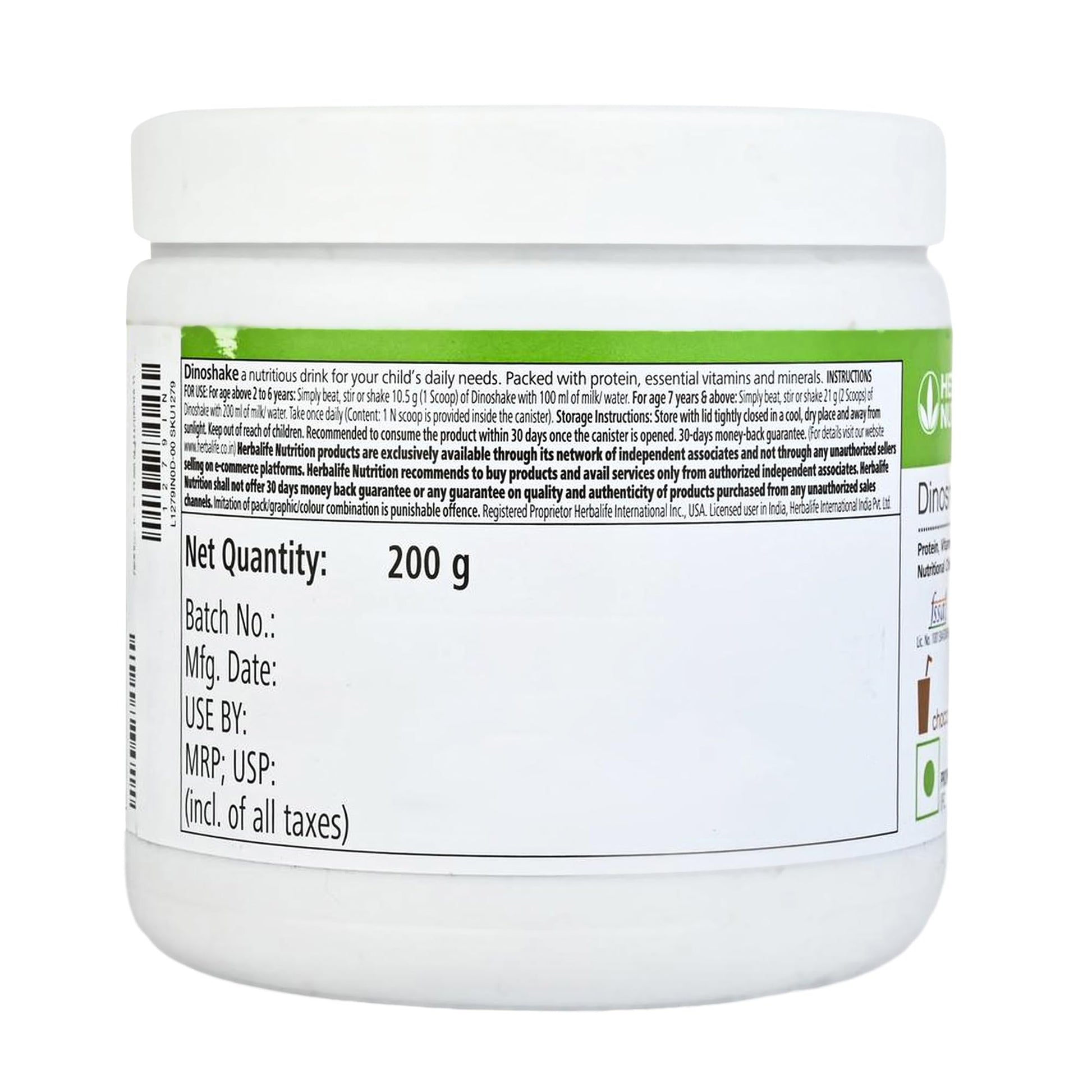 Herbalife Dinoshake Chocolate Powder, 200g, Family Nutrition Drink Mix - label detail