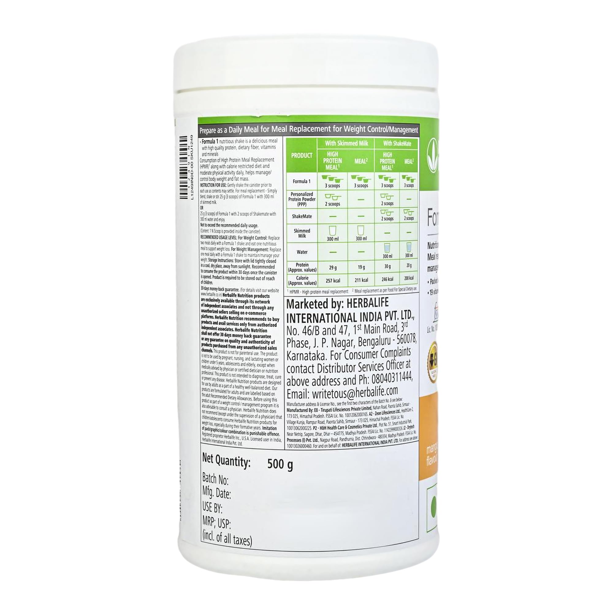 Herbalife Formula 1 Meal Replacement Shake, 500g, Mango Flavor, Powder - back view