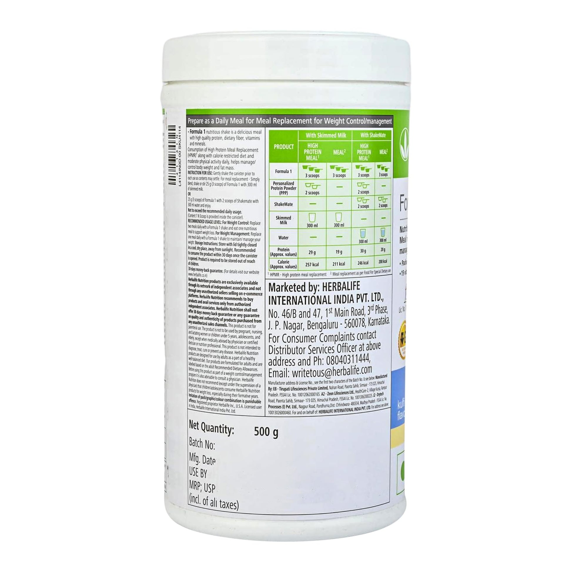 Herbalife Formula-1 Nutritional Shake (Kulfi), 500g, Meal Replacement Beverage - packaging