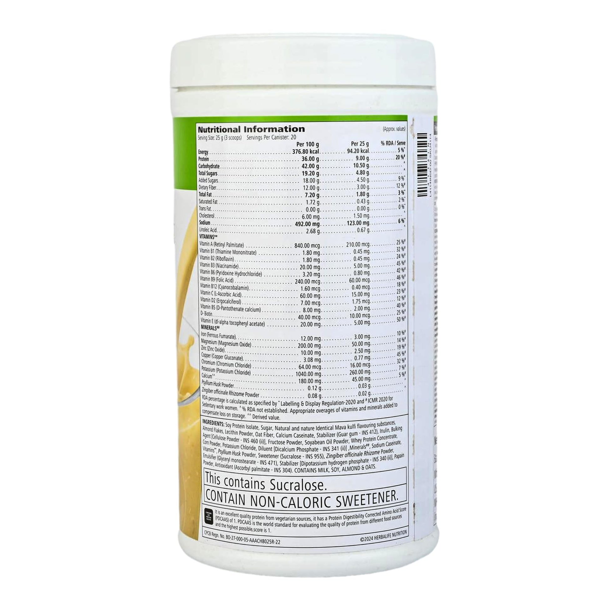 Herbalife Formula-1 Nutritional Shake (Kulfi), 500g, Meal Replacement Beverage - label detail