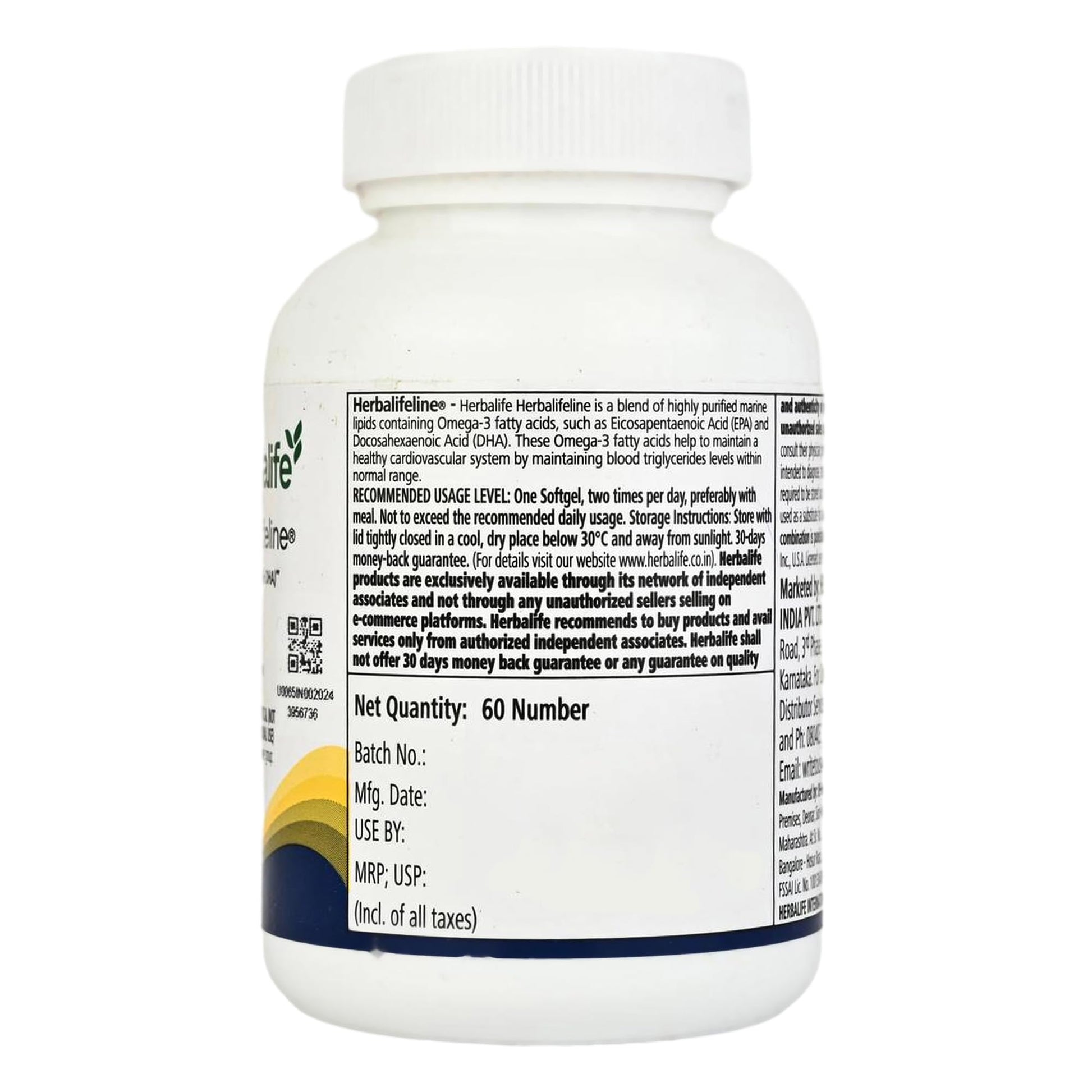 Herbalife Herbalifeline Omega-3 Fatty Acid Supplement, 60 Softgels, 90g - label detail