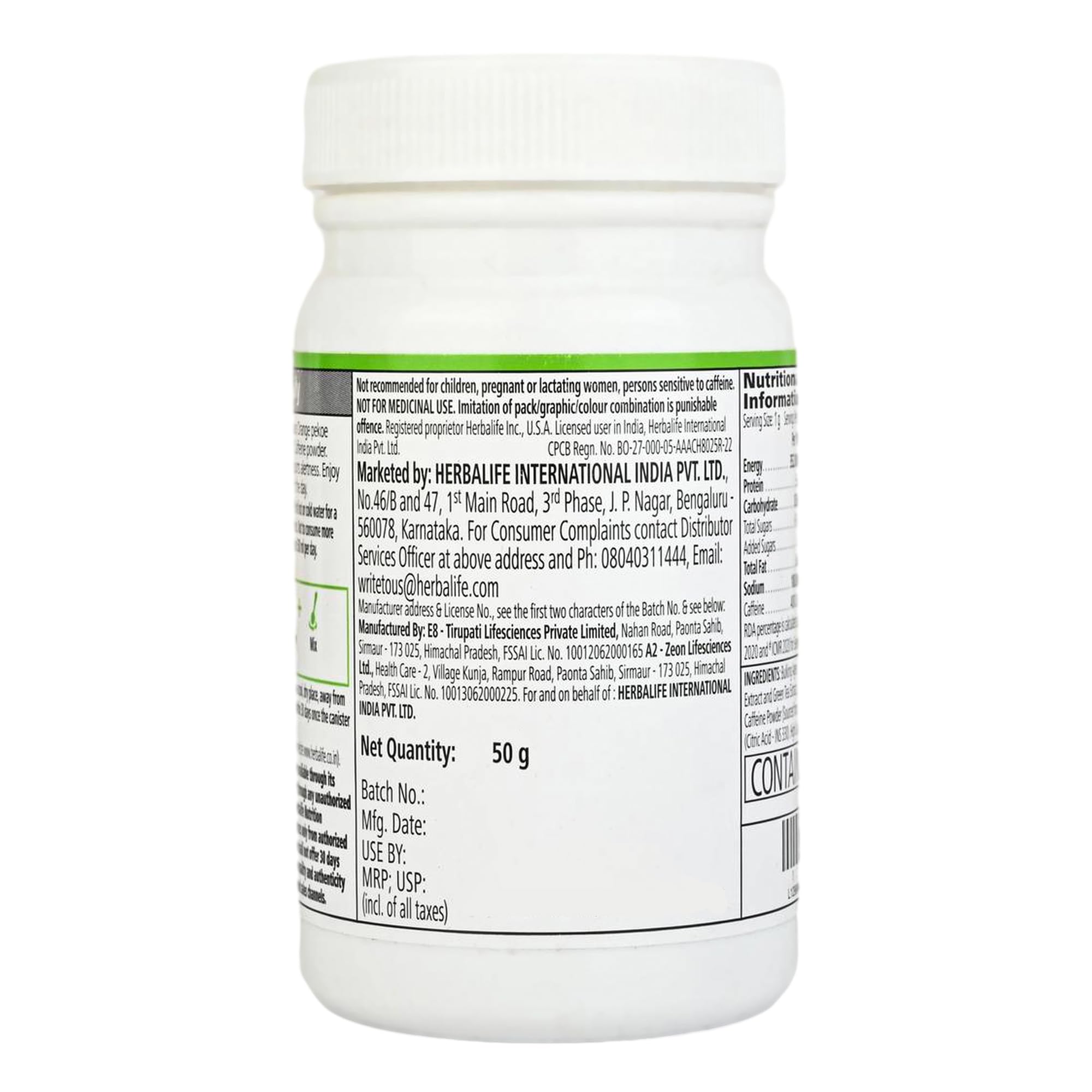 Herbalife HN Afresh Energy Drink Peach Flavor (50 gm) - label detail