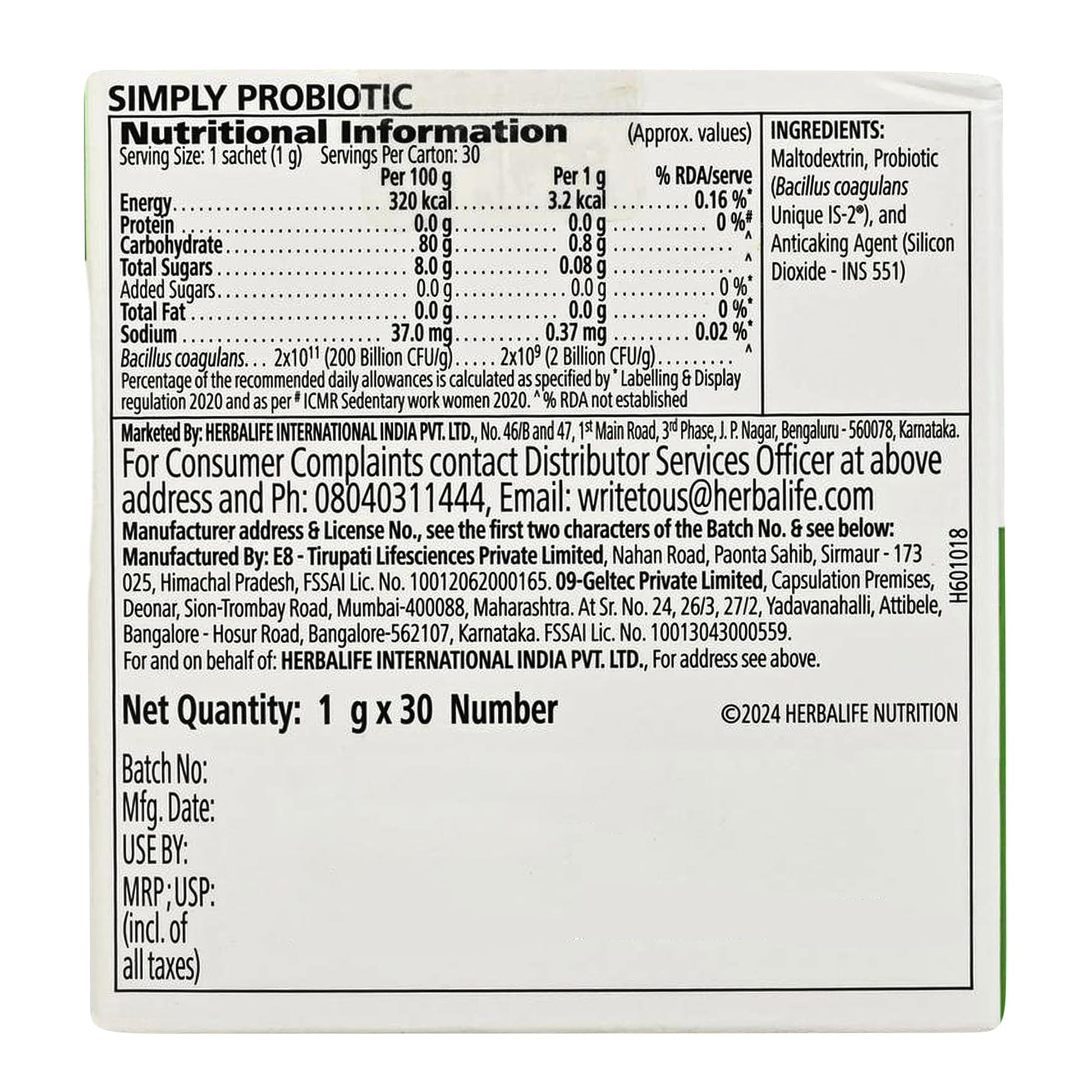 Herbalife HN Simply Probiotic Powder, 30g, Probiotic Supplement for Adults, Unisex, 1 Pack - label detail