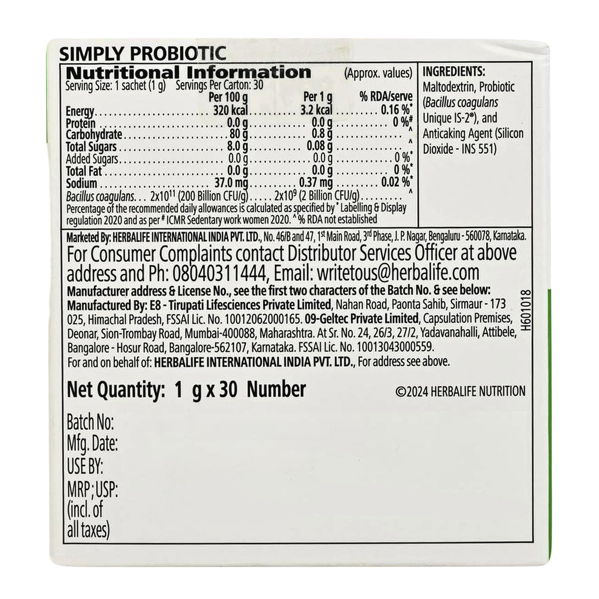 Herbalife HN Simply Probiotic Powder, 30g, Probiotic Supplement for Adults, Unisex, 1 Pack - label detail