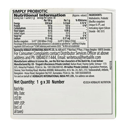 Herbalife HN Simply Probiotic Powder, 30g, Probiotic Supplement for Adults, Unisex, 1 Pack - label detail