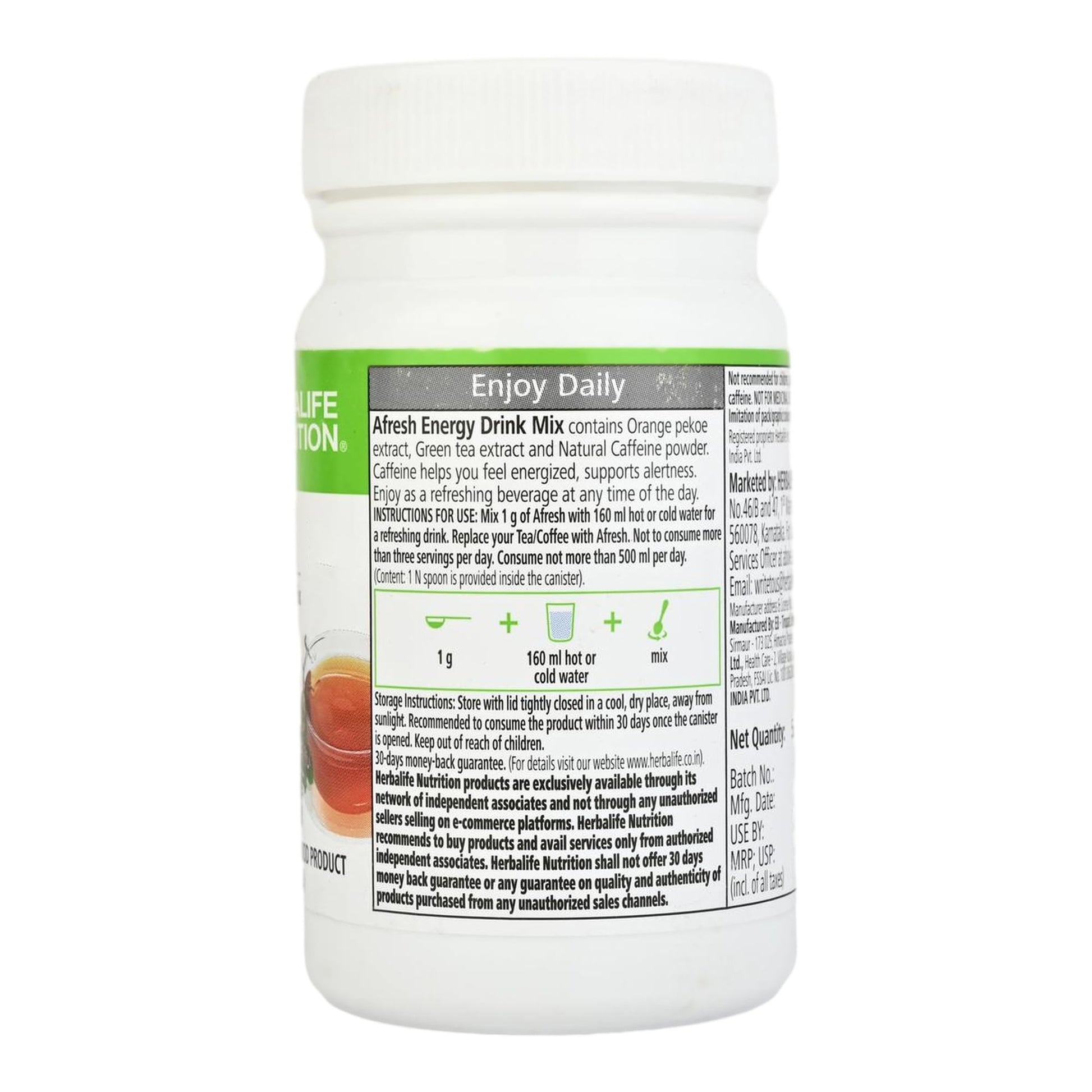 Herbalife Natural Tulsi Afresh Energy Drink Mix, 50 grams - back view
