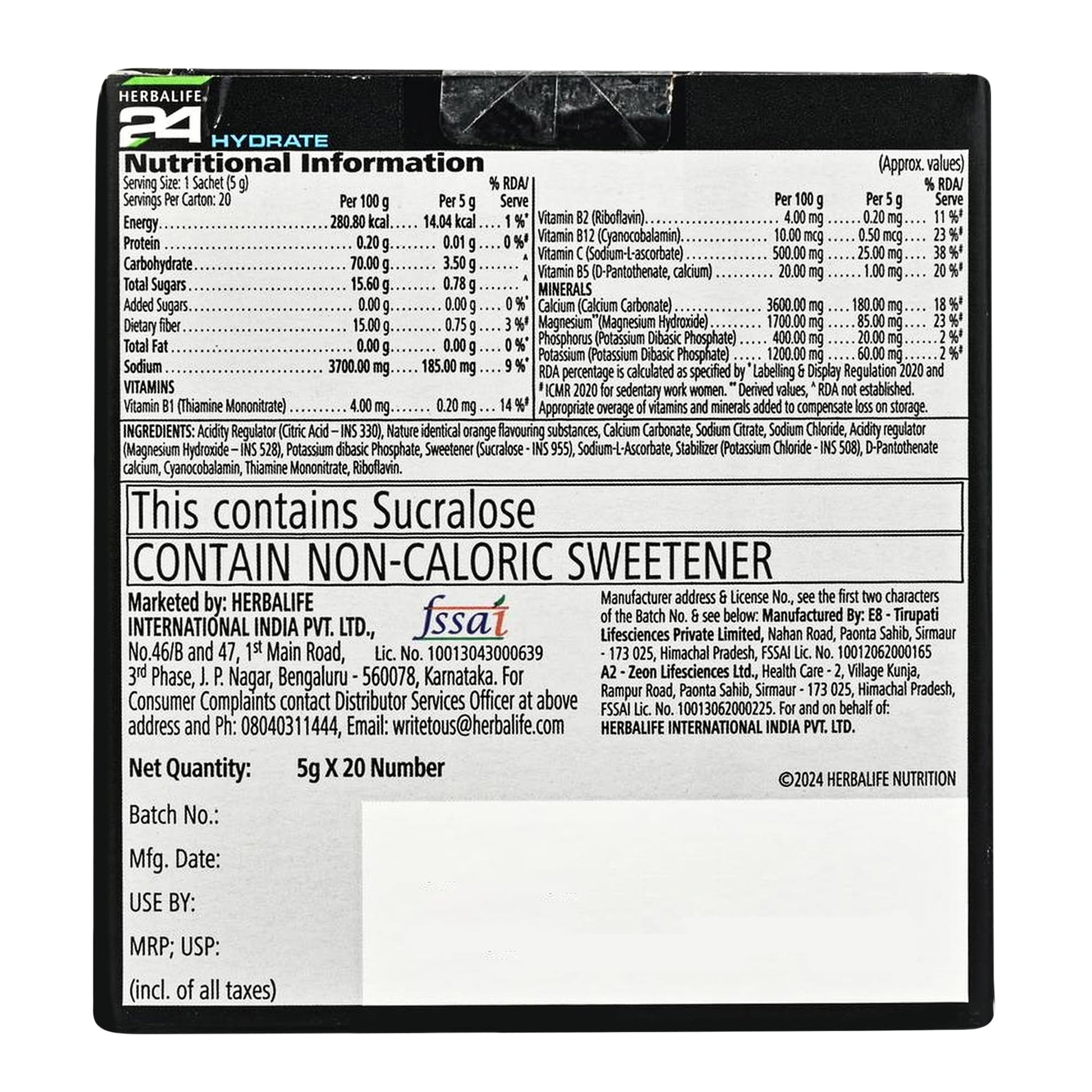 Herbalife Nutrition 24 Hydrate Meal Replacement Beverage, 20 Sachets, 130g - label detail