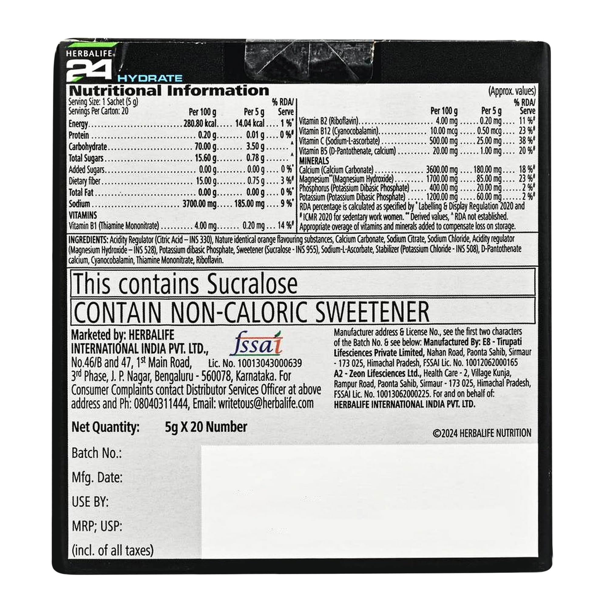 Herbalife Nutrition 24 Hydrate Meal Replacement Beverage, 20 Sachets, 130g - label detail