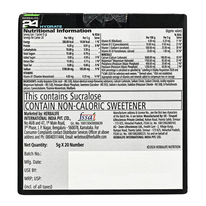 Herbalife Nutrition 24 Hydrate Meal Replacement Beverage, 20 Sachets, 130g - label detail
